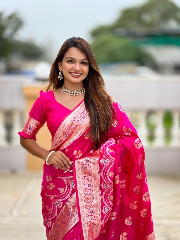 PAITHANI_HOUSE257 Designer Soft Banarasi Silk Saree with Meenakari Weaving & Contrast Rich Pallu - BANARASI - 15 NECKLESS - HOT Pink
