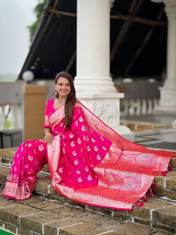 PAITHANI_HOUSE257 Designer Soft Banarasi Silk Saree with Meenakari Weaving & Contrast Rich Pallu - BANARASI - 15 NECKLESS - HOT Pink