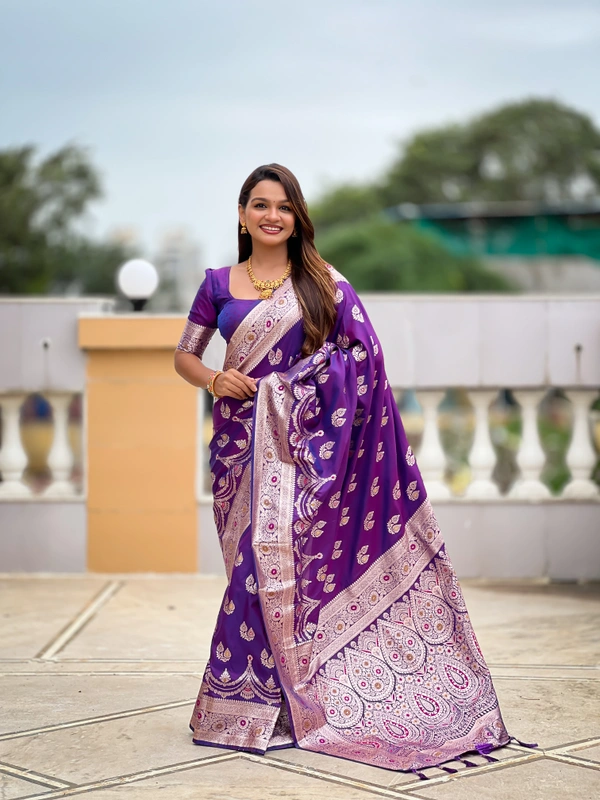 PAITHANI_HOUSE258 Designer Soft Banarasi Silk Saree with Meenakari Weaving & Contrast Rich Pallu - BANARASI - 15 NECKLESS - Royal Purple