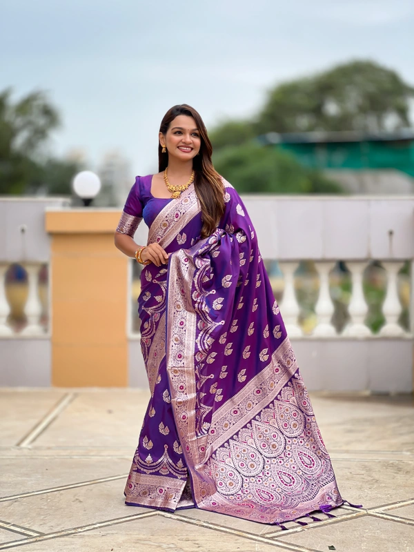 PAITHANI_HOUSE258 Designer Soft Banarasi Silk Saree with Meenakari Weaving & Contrast Rich Pallu - BANARASI - 15 NECKLESS - Royal Purple