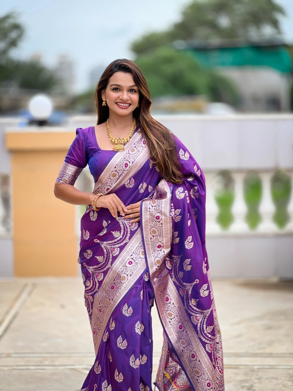 PAITHANI_HOUSE258 Designer Soft Banarasi Silk Saree with Meenakari Weaving & Contrast Rich Pallu - BANARASI - 15 NECKLESS - Royal Purple