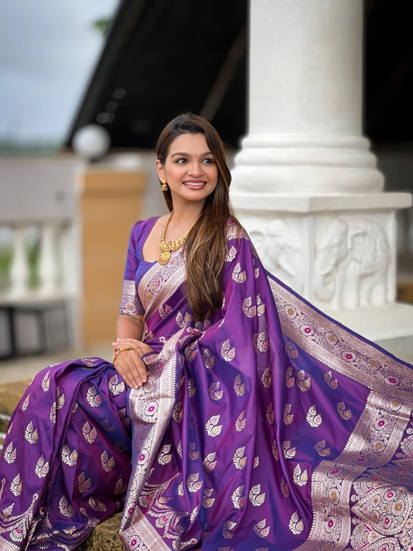 PAITHANI_HOUSE258 Designer Soft Banarasi Silk Saree with Meenakari Weaving & Contrast Rich Pallu - BANARASI - 15 NECKLESS - Royal Purple