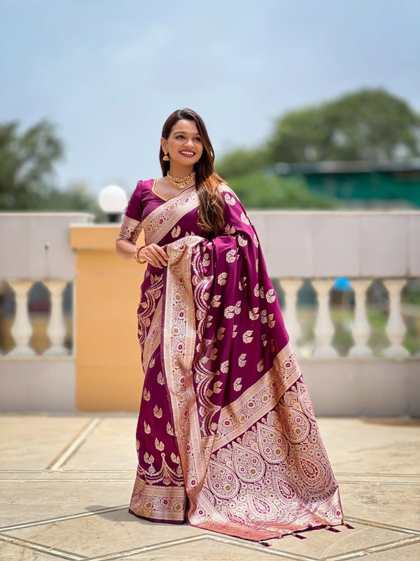PAITHANI_HOUSE260 Designer Soft Banarasi Silk Saree with Meenakari Weaving & Contrast Rich Pallu - BANARASI - 15 NECKLESS - Wine