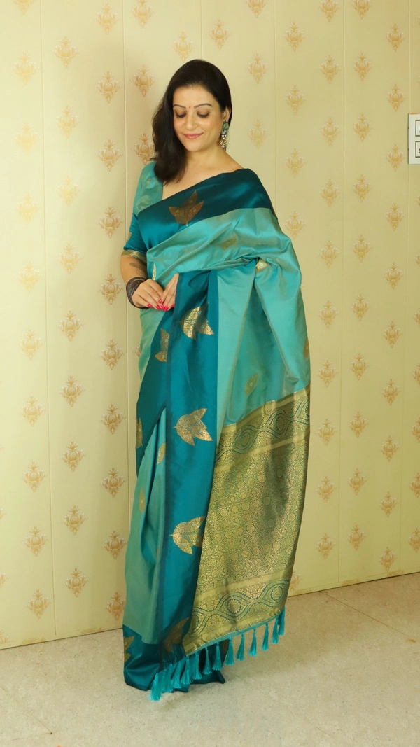 Dusty Soft Silk Saree with Zigzag Motifs & Floral Zari Border