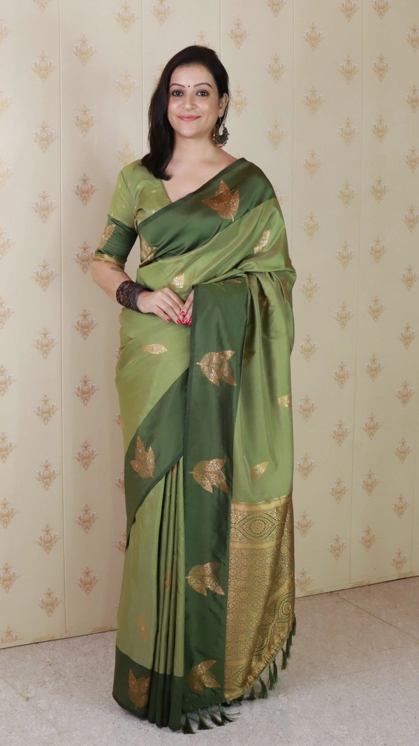 Dusty Soft Silk Saree with Zigzag Motifs & Floral Zari Border