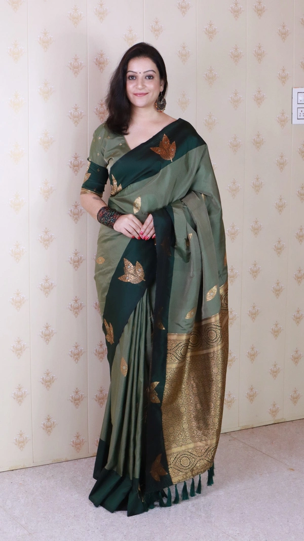 Dusty Soft Silk Saree with Zigzag Motifs & Floral Zari Border