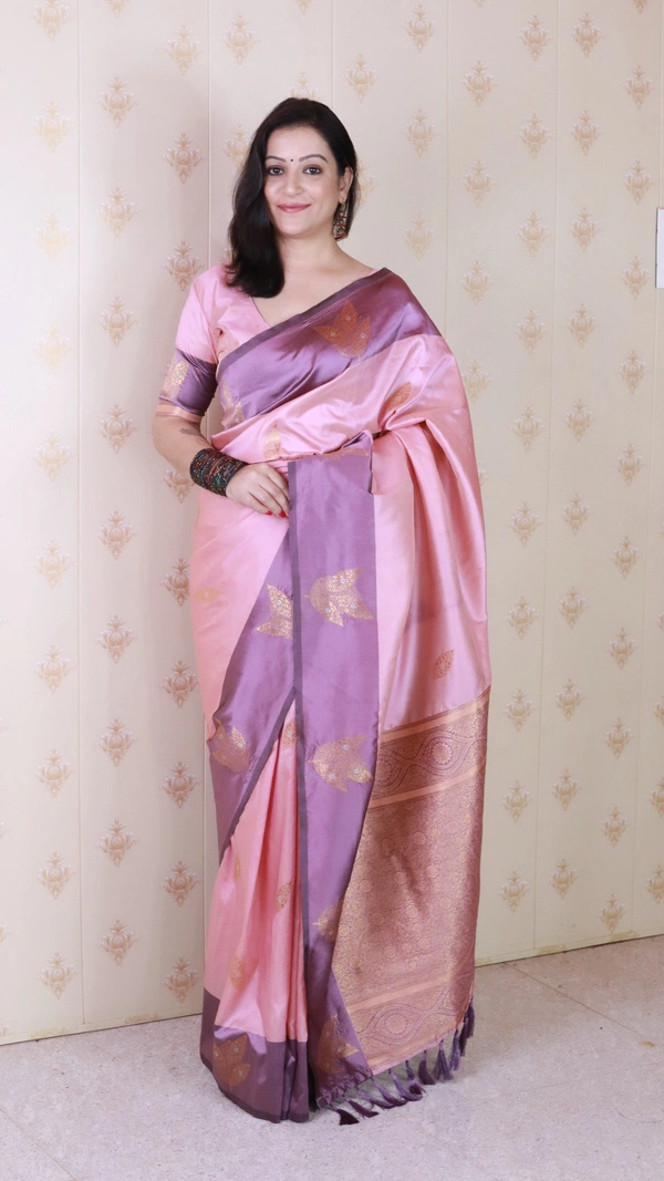Dusty Soft Silk Saree with Zigzag Motifs & Floral Zari Border