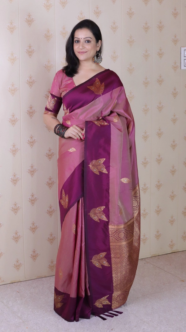 Dusty Soft Silk Saree with Zigzag Motifs & Floral Zari Border