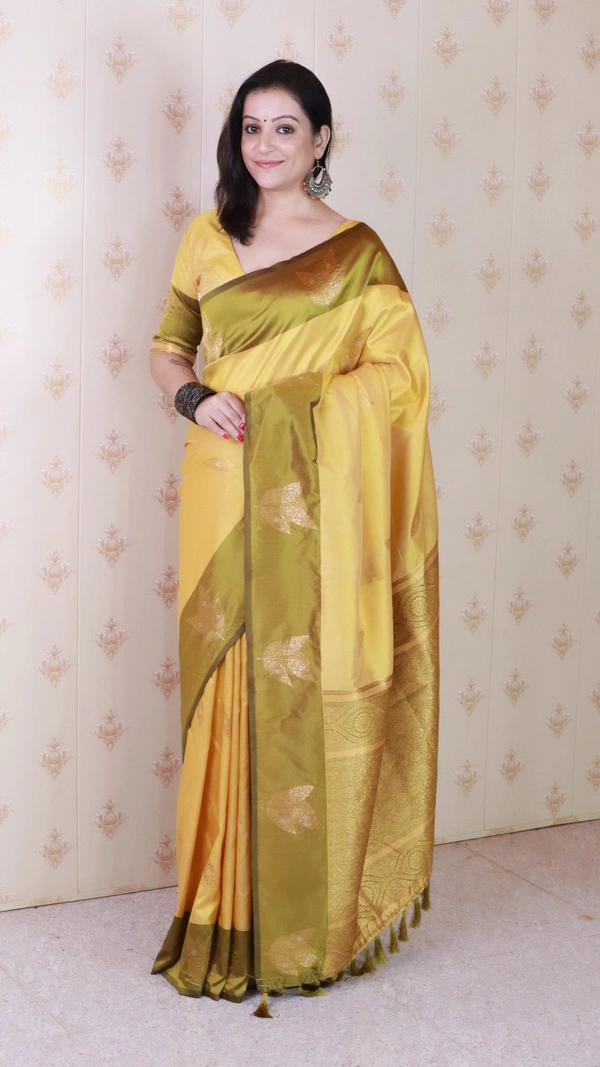 Dusty Soft Silk Saree with Zigzag Motifs & Floral Zari Border