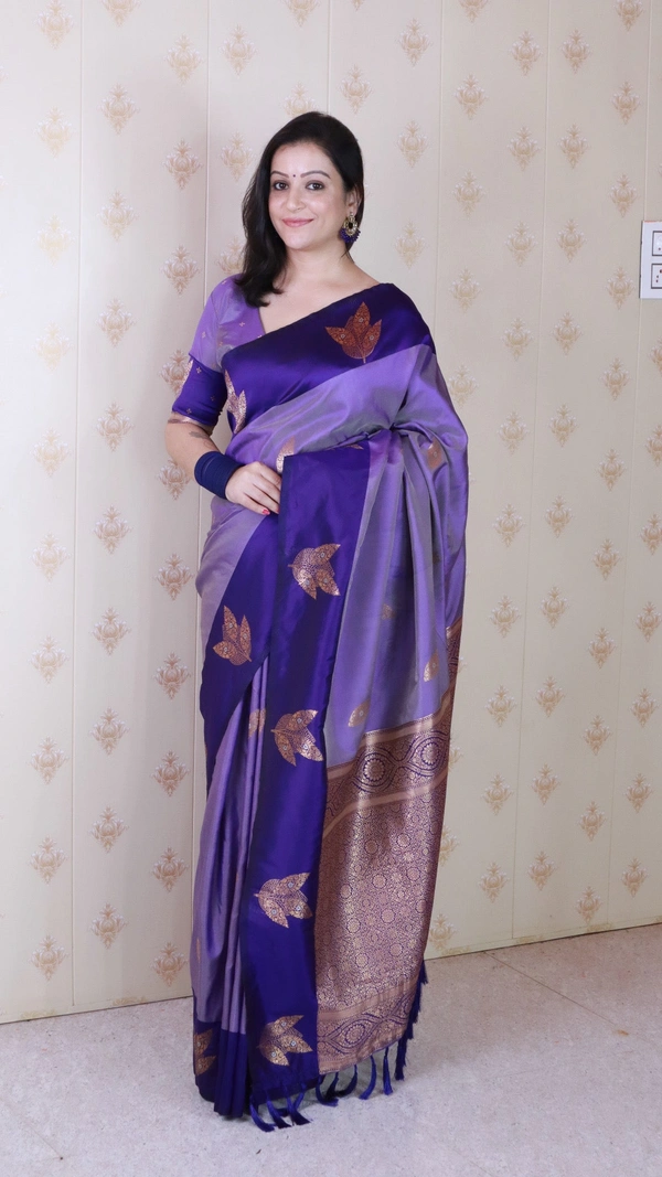 Dusty Soft Silk Saree with Zigzag Motifs & Floral Zari Border