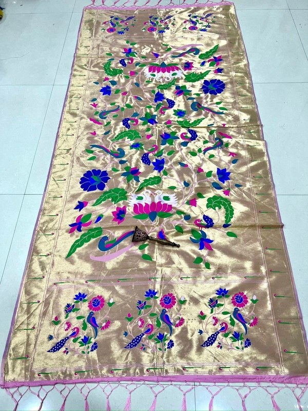 Elegant Baby Pink Soft Silk Paithani Dupatta with Heavy Gold Tissue Meenakari - 2.5mt, Baby Pink