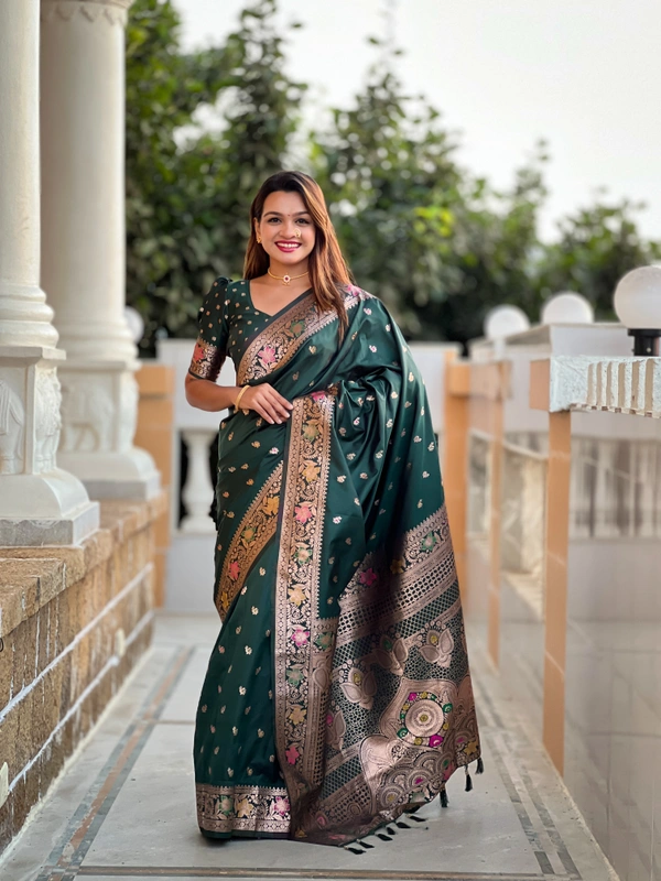 PAITHANI_HOUSE293 Elegant Banarasi Silk Saree with Meenakari Motifs & Contrast Blouse Piece- BANARASI - 5 - BOTTLE GREEN