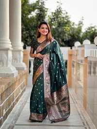 PAITHANI_HOUSE293 Elegant Banarasi Silk Saree with Meenakari Motifs & Contrast Blouse Piece- BANARASI - 5 - BOTTLE GREEN