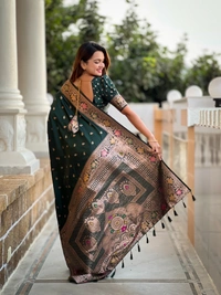 PAITHANI_HOUSE293 Elegant Banarasi Silk Saree with Meenakari Motifs & Contrast Blouse Piece- BANARASI - 5 - BOTTLE GREEN