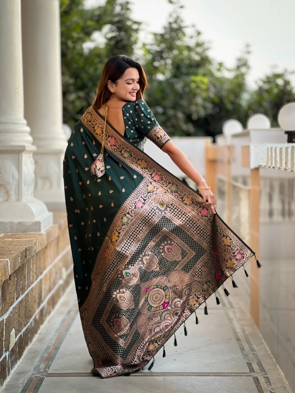 PAITHANI_HOUSE293 Elegant Banarasi Silk Saree with Meenakari Motifs & Contrast Blouse Piece- BANARASI - 5 - BOTTLE GREEN