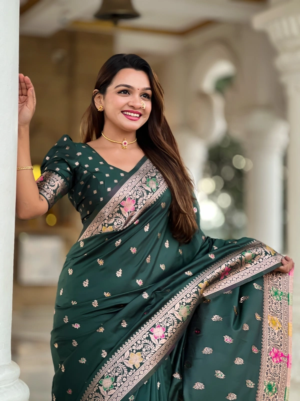 PAITHANI_HOUSE293 Elegant Banarasi Silk Saree with Meenakari Motifs & Contrast Blouse Piece- BANARASI - 5 - BOTTLE GREEN