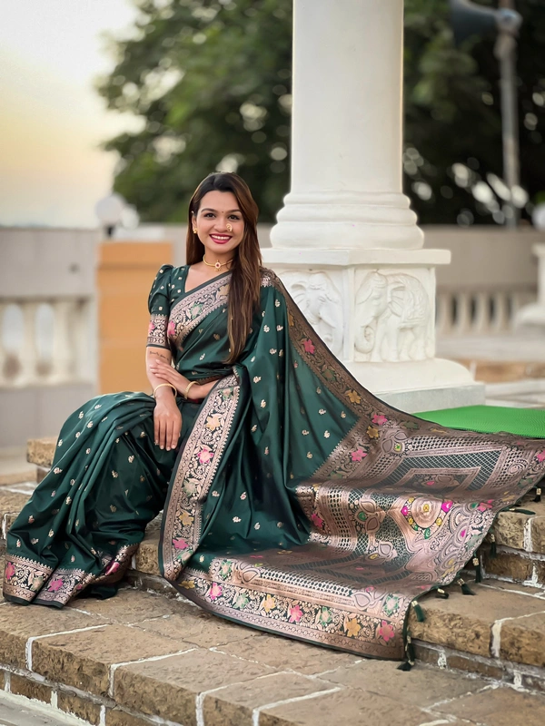 PAITHANI_HOUSE293 Elegant Banarasi Silk Saree with Meenakari Motifs & Contrast Blouse Piece- BANARASI - 5 - BOTTLE GREEN