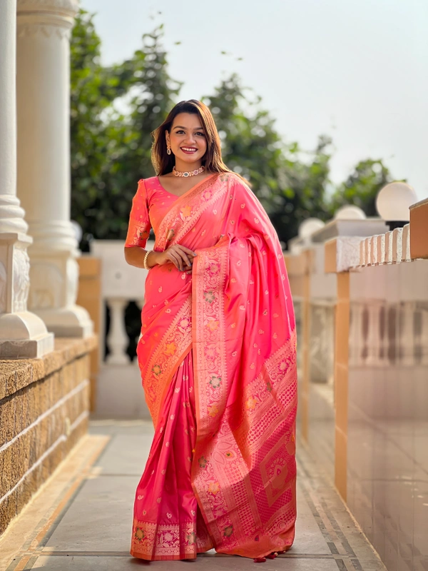PAITHANI_HOUSE294 Elegant Banarasi Silk Saree with Meenakari Motifs & Contrast Blouse Piece- BANARASI - 5 - GAJRI PINK