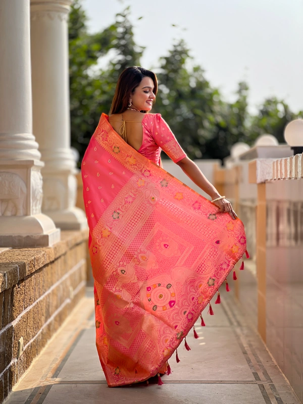 PAITHANI_HOUSE294 Elegant Banarasi Silk Saree with Meenakari Motifs & Contrast Blouse Piece- BANARASI - 5 - GAJRI PINK
