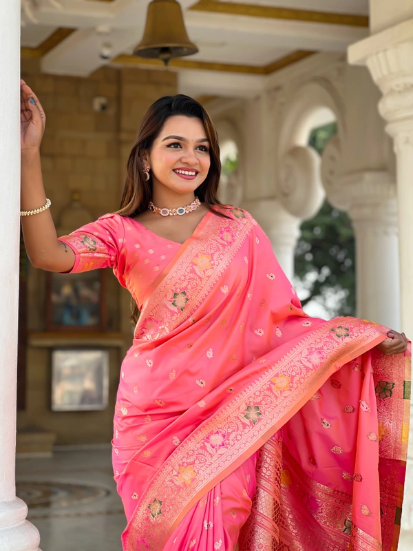PAITHANI_HOUSE294 Elegant Banarasi Silk Saree with Meenakari Motifs & Contrast Blouse Piece- BANARASI - 5 - GAJRI PINK