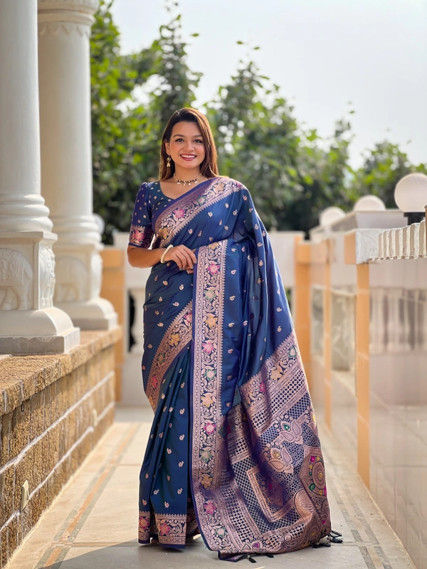 PAITHANI_HOUSE295 Elegant Banarasi Silk Saree with Meenakari Motifs & Contrast Blouse Piece- BANARASI - 5 - MORPICH