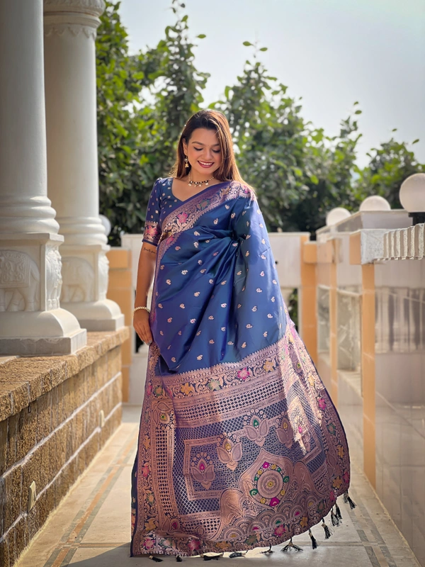 PAITHANI_HOUSE295 Elegant Banarasi Silk Saree with Meenakari Motifs & Contrast Blouse Piece- BANARASI - 5 - MORPICH
