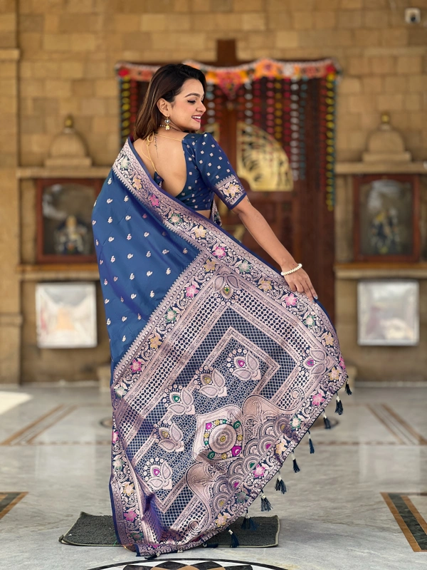 PAITHANI_HOUSE295 Elegant Banarasi Silk Saree with Meenakari Motifs & Contrast Blouse Piece- BANARASI - 5 - MORPICH