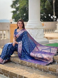 PAITHANI_HOUSE295 Elegant Banarasi Silk Saree with Meenakari Motifs & Contrast Blouse Piece- BANARASI - 5 - MORPICH