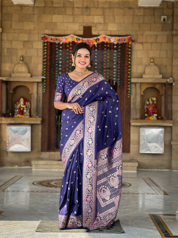 PAITHANI_HOUSE296 Elegant Banarasi Silk Saree with Meenakari Motifs & Contrast Blouse Piece- BANARASI - 5 - NEAY BLUE
