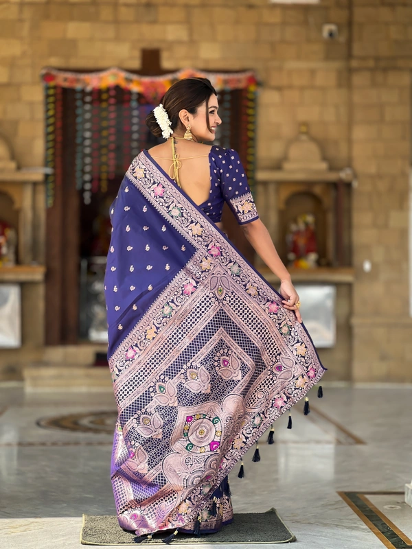 PAITHANI_HOUSE296 Elegant Banarasi Silk Saree with Meenakari Motifs & Contrast Blouse Piece- BANARASI - 5 - NEAY BLUE