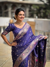 PAITHANI_HOUSE296 Elegant Banarasi Silk Saree with Meenakari Motifs & Contrast Blouse Piece- BANARASI - 5 - NEAY BLUE