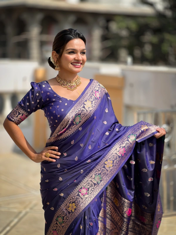 PAITHANI_HOUSE296 Elegant Banarasi Silk Saree with Meenakari Motifs & Contrast Blouse Piece- BANARASI - 5 - NEAY BLUE