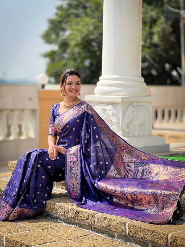 PAITHANI_HOUSE296 Elegant Banarasi Silk Saree with Meenakari Motifs & Contrast Blouse Piece- BANARASI - 5 - NEAY BLUE