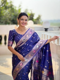 PAITHANI_HOUSE296 Elegant Banarasi Silk Saree with Meenakari Motifs & Contrast Blouse Piece- BANARASI - 5 - NEAY BLUE