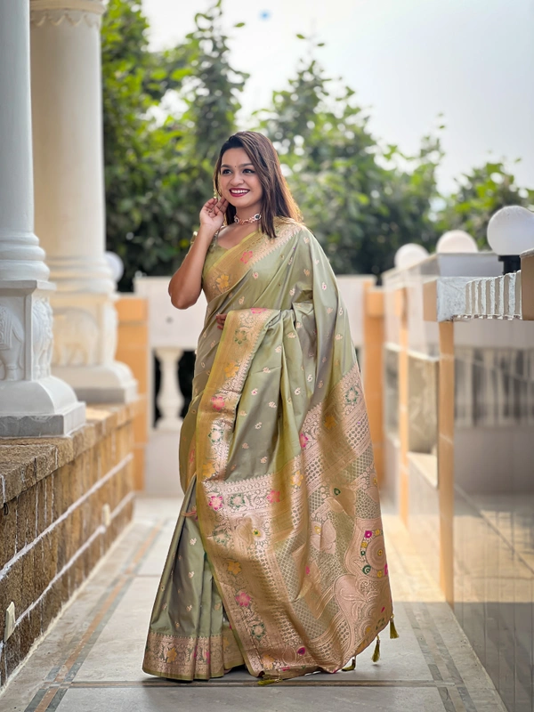 PAITHANI_HOUSE297 Elegant Banarasi Silk Saree with Meenakari Motifs & Contrast Blouse Piece- BANARASI - 5 - PISTA