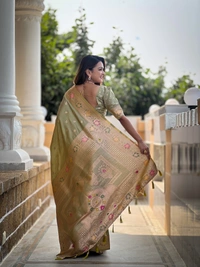 PAITHANI_HOUSE297 Elegant Banarasi Silk Saree with Meenakari Motifs & Contrast Blouse Piece- BANARASI - 5 - PISTA