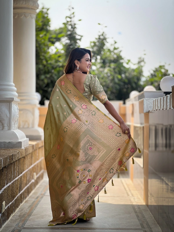 PAITHANI_HOUSE297 Elegant Banarasi Silk Saree with Meenakari Motifs & Contrast Blouse Piece- BANARASI - 5 - PISTA