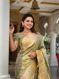 PAITHANI_HOUSE297 Elegant Banarasi Silk Saree with Meenakari Motifs & Contrast Blouse Piece- BANARASI - 5 - PISTA