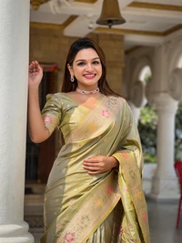 PAITHANI_HOUSE297 Elegant Banarasi Silk Saree with Meenakari Motifs & Contrast Blouse Piece- BANARASI - 5 - PISTA