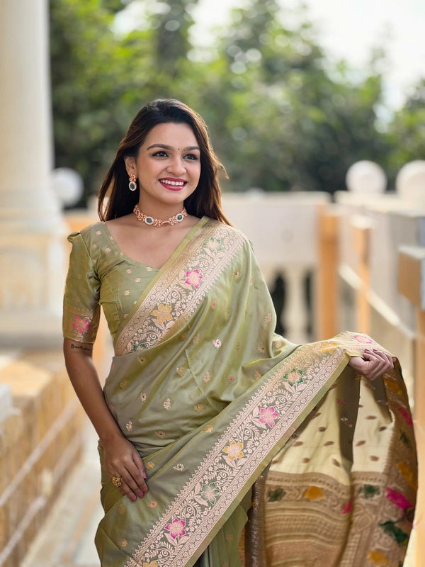 PAITHANI_HOUSE297 Elegant Banarasi Silk Saree with Meenakari Motifs & Contrast Blouse Piece- BANARASI - 5 - PISTA