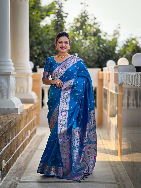 PAITHANI_HOUSE298 Elegant Banarasi Silk Saree with Meenakari Motifs & Contrast Blouse Piece- BANARASI - 5 - SKY BLUE