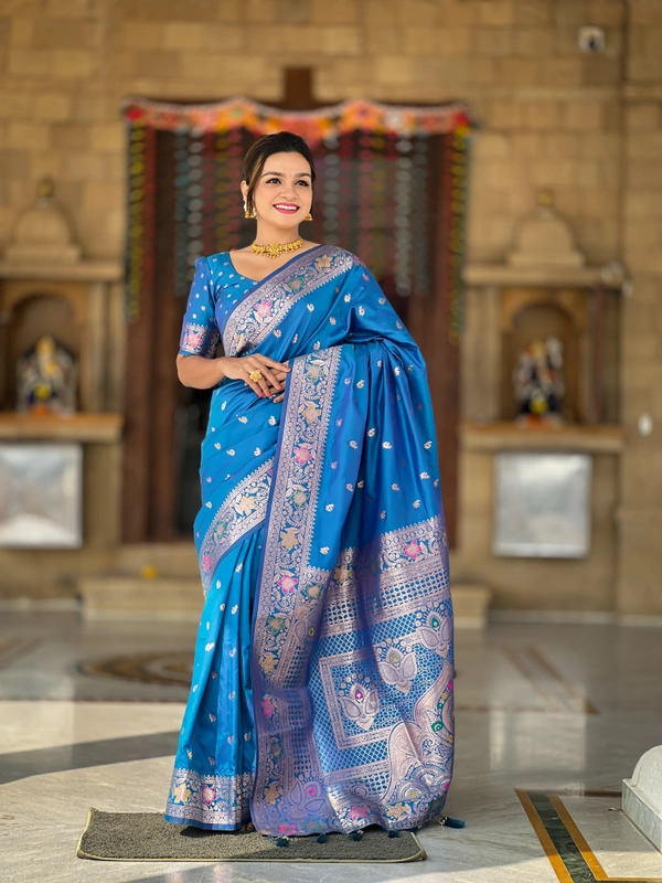PAITHANI_HOUSE298 Elegant Banarasi Silk Saree with Meenakari Motifs & Contrast Blouse Piece- BANARASI - 5 - SKY BLUE