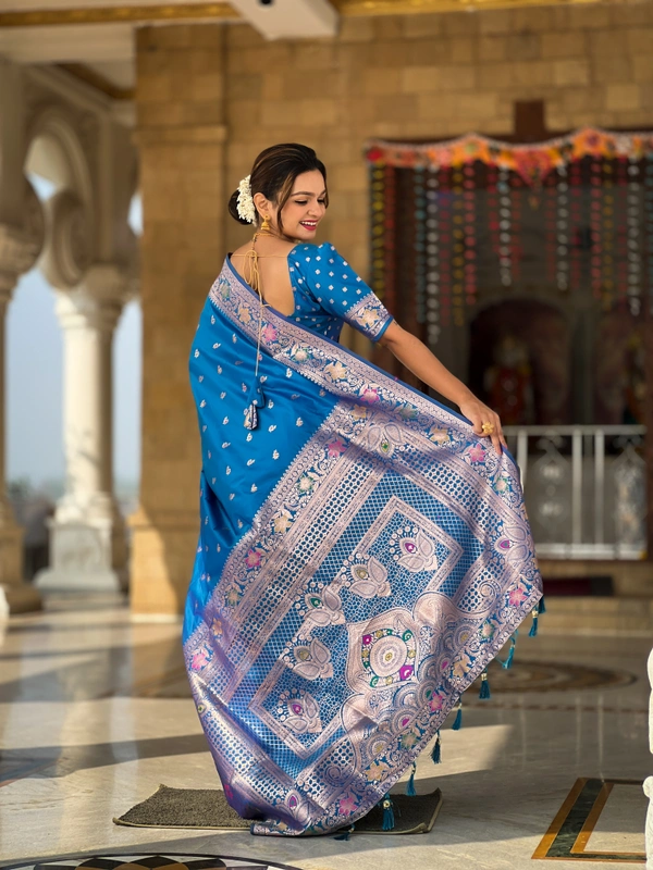 PAITHANI_HOUSE298 Elegant Banarasi Silk Saree with Meenakari Motifs & Contrast Blouse Piece- BANARASI - 5 - SKY BLUE