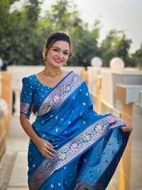 PAITHANI_HOUSE298 Elegant Banarasi Silk Saree with Meenakari Motifs & Contrast Blouse Piece- BANARASI - 5 - SKY BLUE