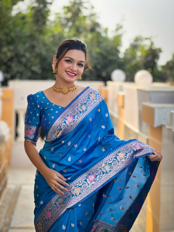 PAITHANI_HOUSE298 Elegant Banarasi Silk Saree with Meenakari Motifs & Contrast Blouse Piece- BANARASI - 5 - SKY BLUE