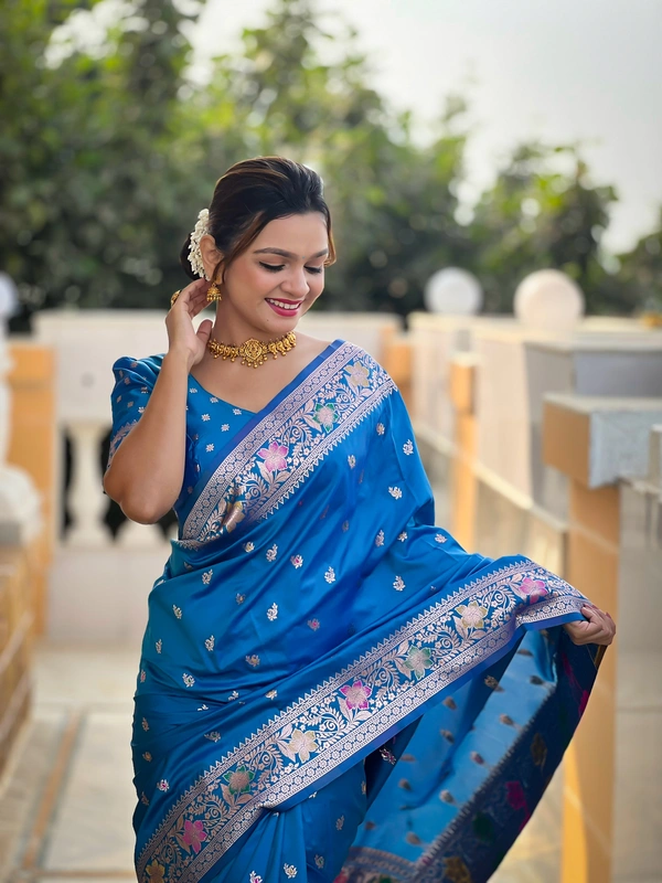 PAITHANI_HOUSE298 Elegant Banarasi Silk Saree with Meenakari Motifs & Contrast Blouse Piece- BANARASI - 5 - SKY BLUE