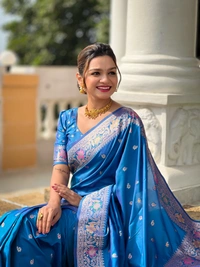 PAITHANI_HOUSE298 Elegant Banarasi Silk Saree with Meenakari Motifs & Contrast Blouse Piece- BANARASI - 5 - SKY BLUE