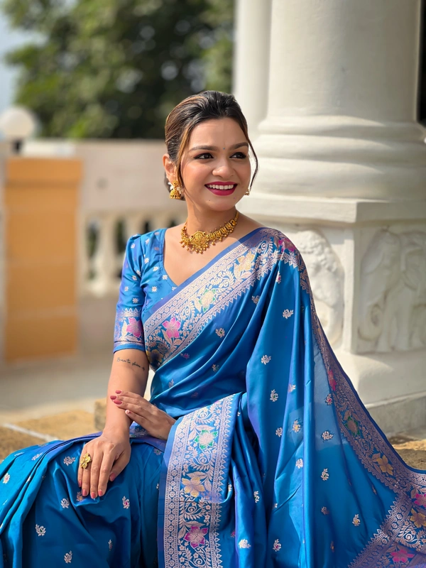 PAITHANI_HOUSE298 Elegant Banarasi Silk Saree with Meenakari Motifs & Contrast Blouse Piece- BANARASI - 5 - SKY BLUE