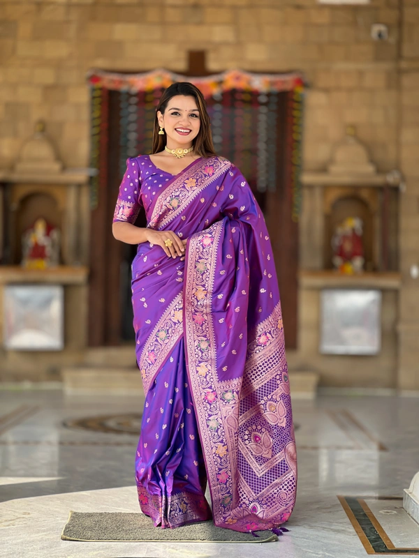 PAITHANI_HOUSE299 Elegant Banarasi Silk Saree with Meenakari Motifs & Contrast Blouse Piece- BANARASI - 5 - VIOLET