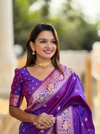 PAITHANI_HOUSE299 Elegant Banarasi Silk Saree with Meenakari Motifs & Contrast Blouse Piece- BANARASI - 5 - VIOLET